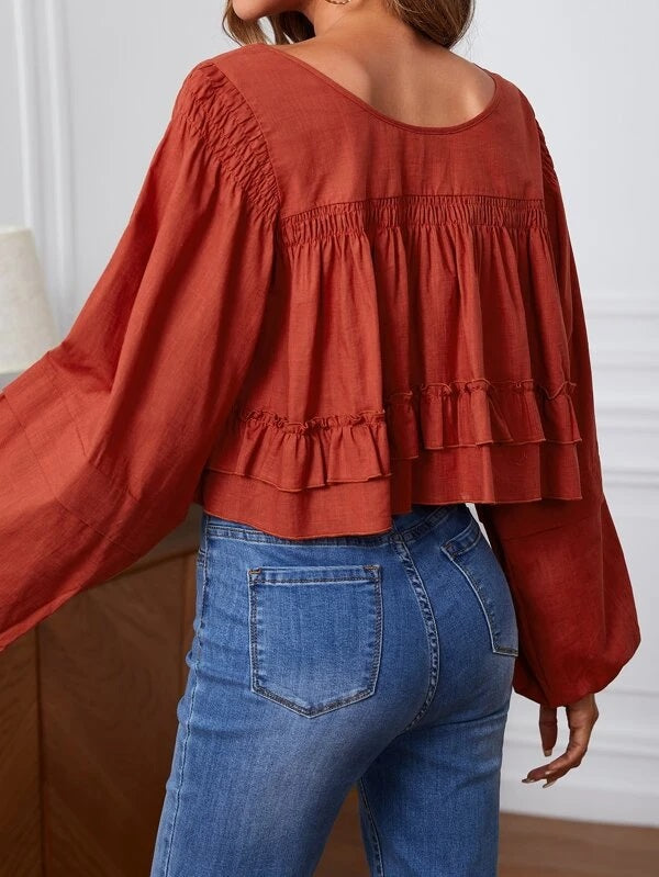CM-TS606266 Women Trendy Bohemian Style Lantern Sleeve Ruffle Hem Blouse - Rust Brown