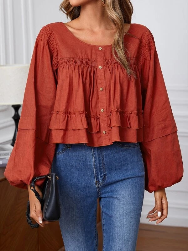 CM-TS606266 Women Trendy Bohemian Style Lantern Sleeve Ruffle Hem Blouse - Rust Brown
