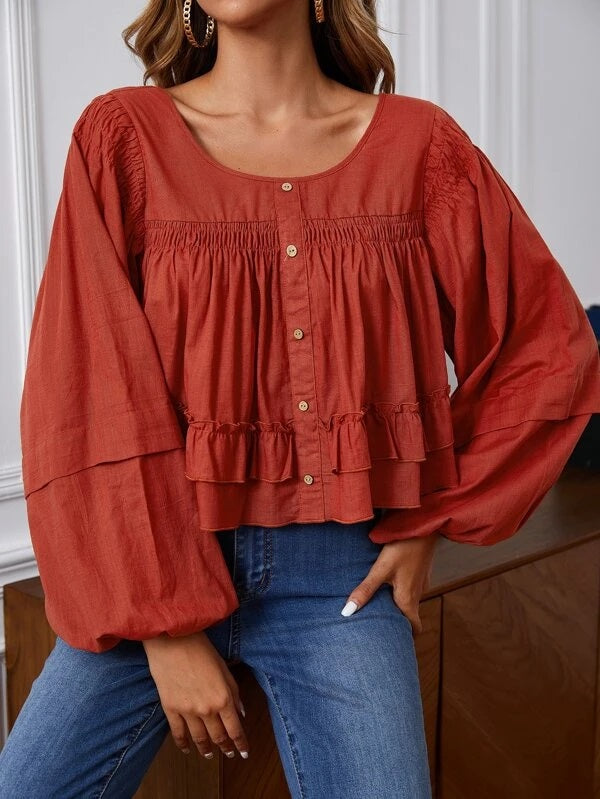 CM-TS606266 Women Trendy Bohemian Style Lantern Sleeve Ruffle Hem Blouse - Rust Brown