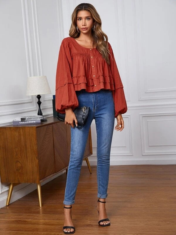 CM-TS606266 Women Trendy Bohemian Style Lantern Sleeve Ruffle Hem Blouse - Rust Brown