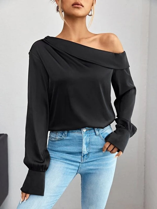 CM-TS785135 Women Elegant Seoul Style Solid Asymmetrical Neck Blouse - Black