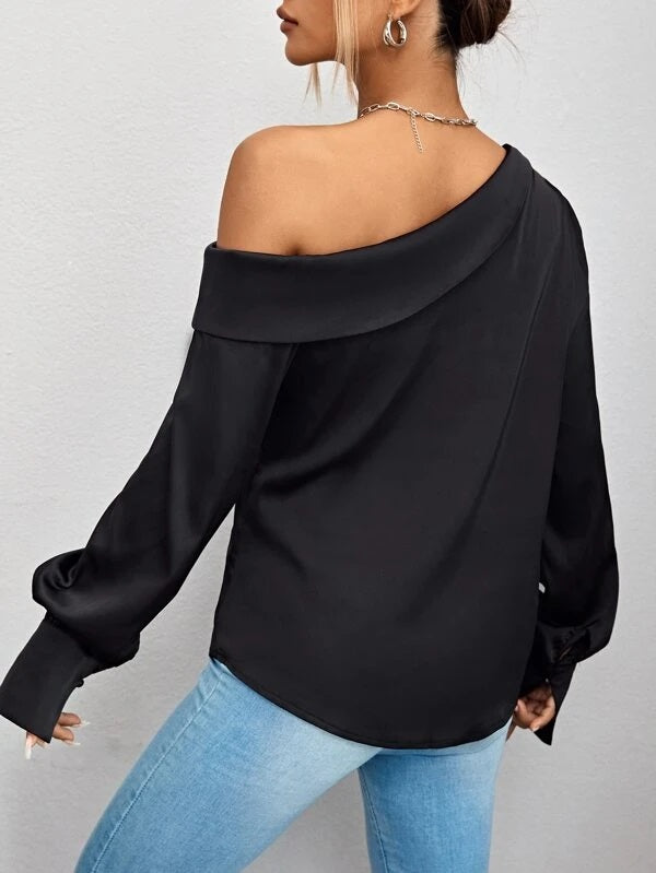 CM-TS785135 Women Elegant Seoul Style Solid Asymmetrical Neck Blouse - Black