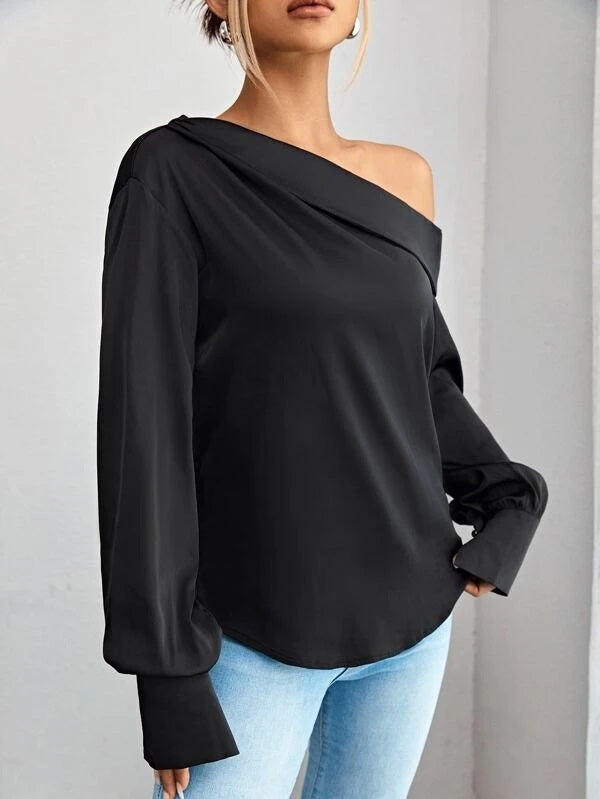 CM-TS785135 Women Elegant Seoul Style Solid Asymmetrical Neck Blouse - Black