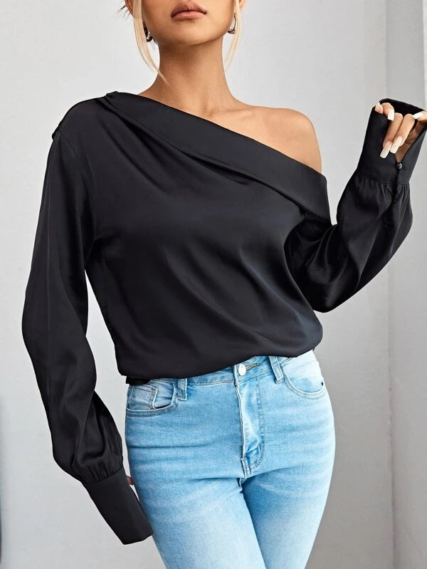 CM-TS785135 Women Elegant Seoul Style Solid Asymmetrical Neck Blouse - Black