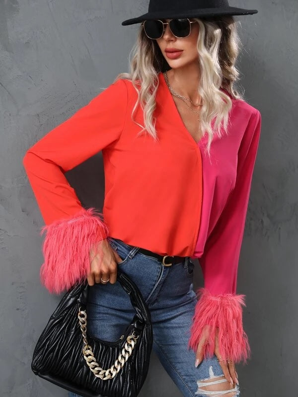 CM-TS196898 Women Elegant Seoul Style Two Tone Fuzzy Cuff Long Sleeve Blouse