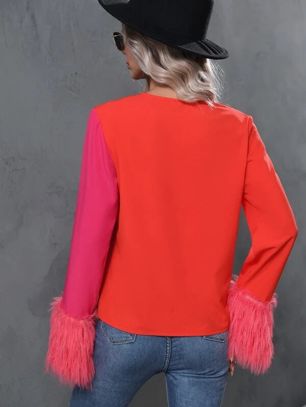 CM-TS196898 Women Elegant Seoul Style Two Tone Fuzzy Cuff Long Sleeve Blouse