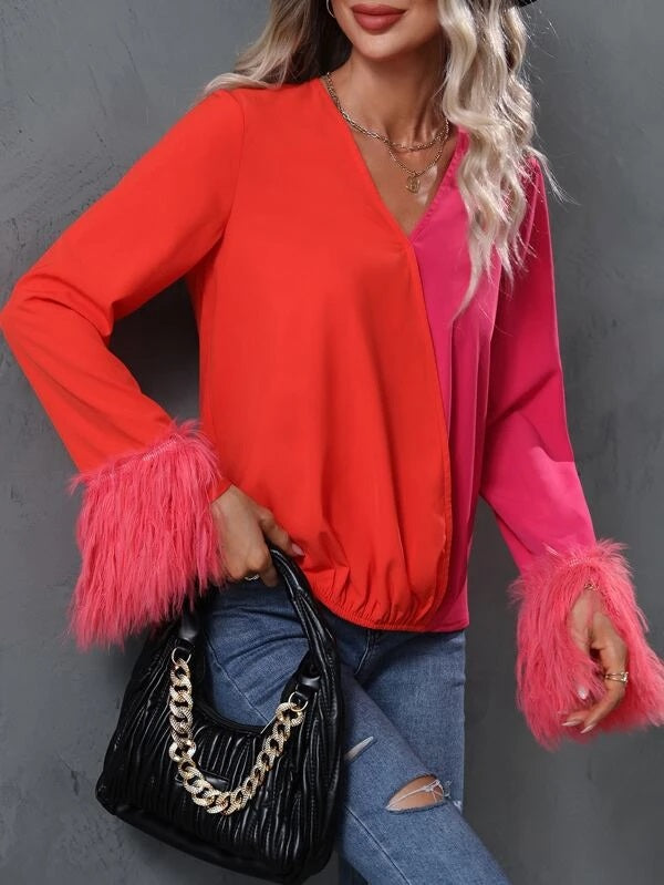 CM-TS196898 Women Elegant Seoul Style Two Tone Fuzzy Cuff Long Sleeve Blouse