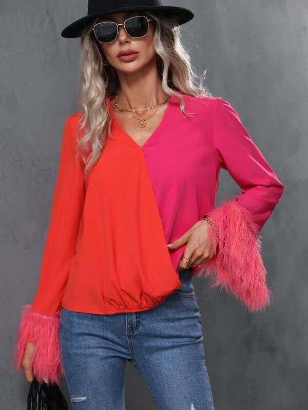 CM-TS196898 Women Elegant Seoul Style Two Tone Fuzzy Cuff Long Sleeve Blouse