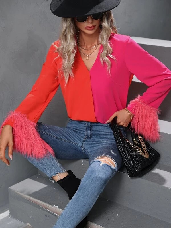 CM-TS196898 Women Elegant Seoul Style Two Tone Fuzzy Cuff Long Sleeve Blouse