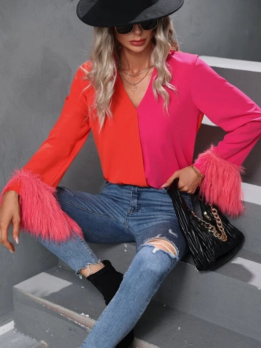 CM-TS196898 Women Elegant Seoul Style Two Tone Fuzzy Cuff Long Sleeve Blouse