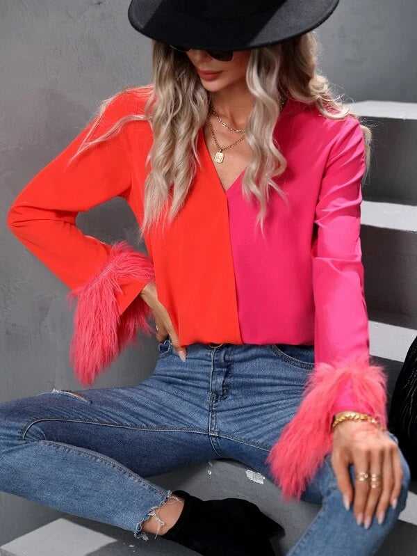 CM-TS196898 Women Elegant Seoul Style Two Tone Fuzzy Cuff Long Sleeve Blouse