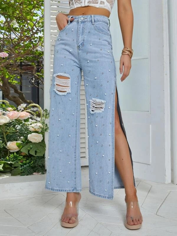 CM-BS890817 Women Preppy Seoul Style Pearl Ripped Frayed Split Thigh Wide Leg Jeans