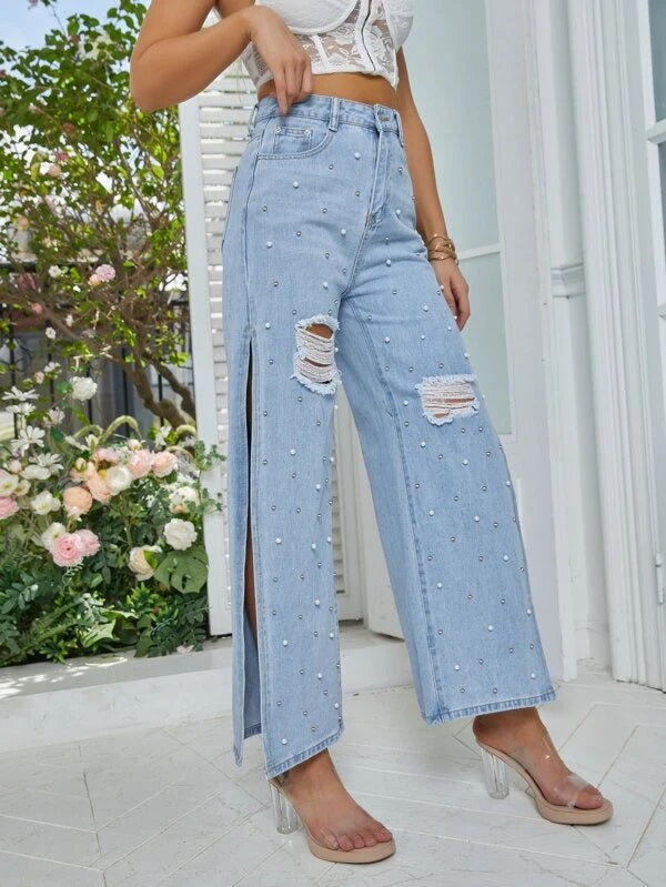 CM-BS890817 Women Preppy Seoul Style Pearl Ripped Frayed Split Thigh Wide Leg Jeans