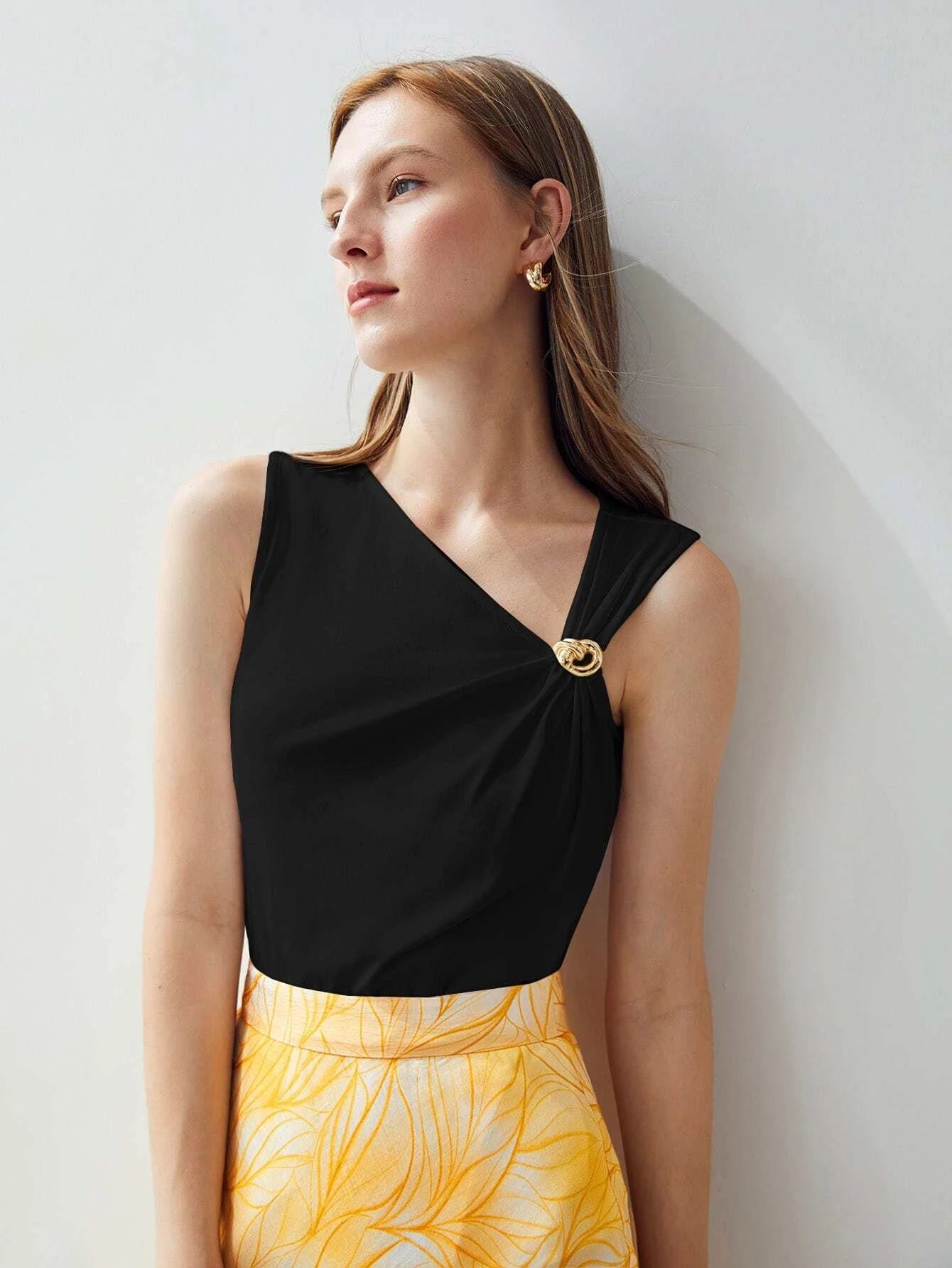 CM-TS528822 Women Elegant Seoul Style Sleeveless Asymmetrical Neck Top - Black