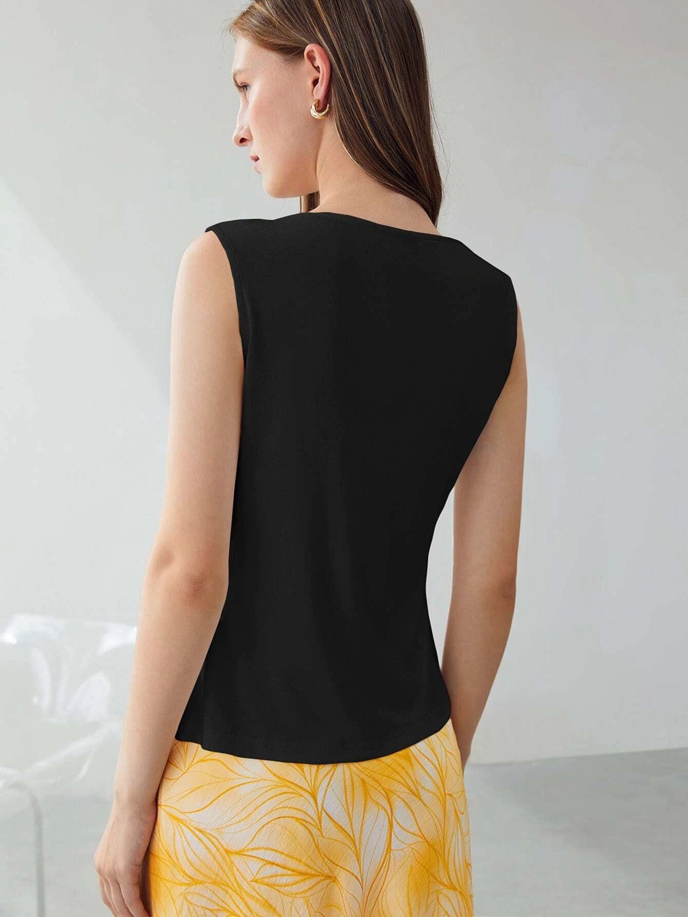 CM-TS528822 Women Elegant Seoul Style Sleeveless Asymmetrical Neck Top - Black