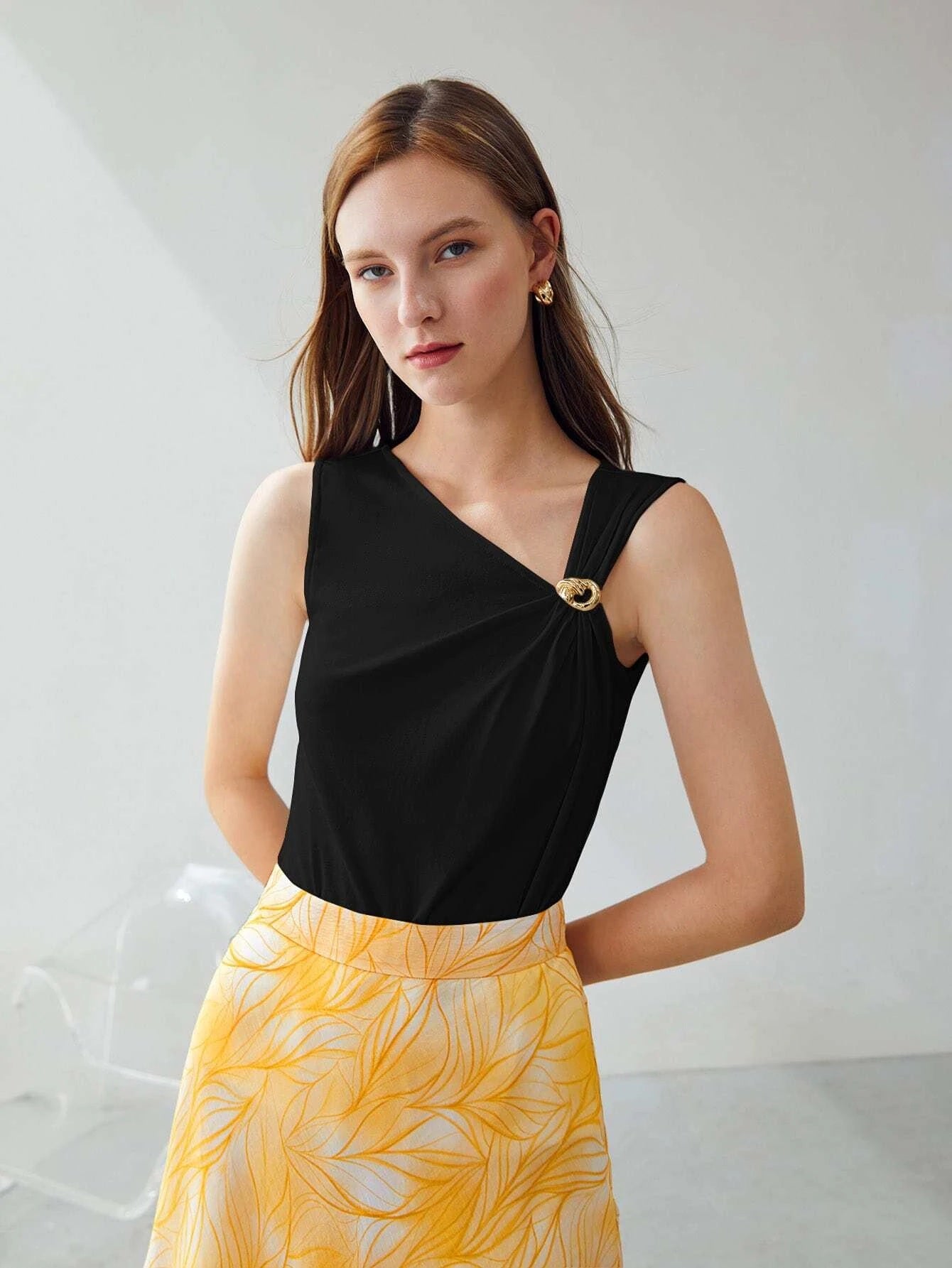 CM-TS528822 Women Elegant Seoul Style Sleeveless Asymmetrical Neck Top - Black