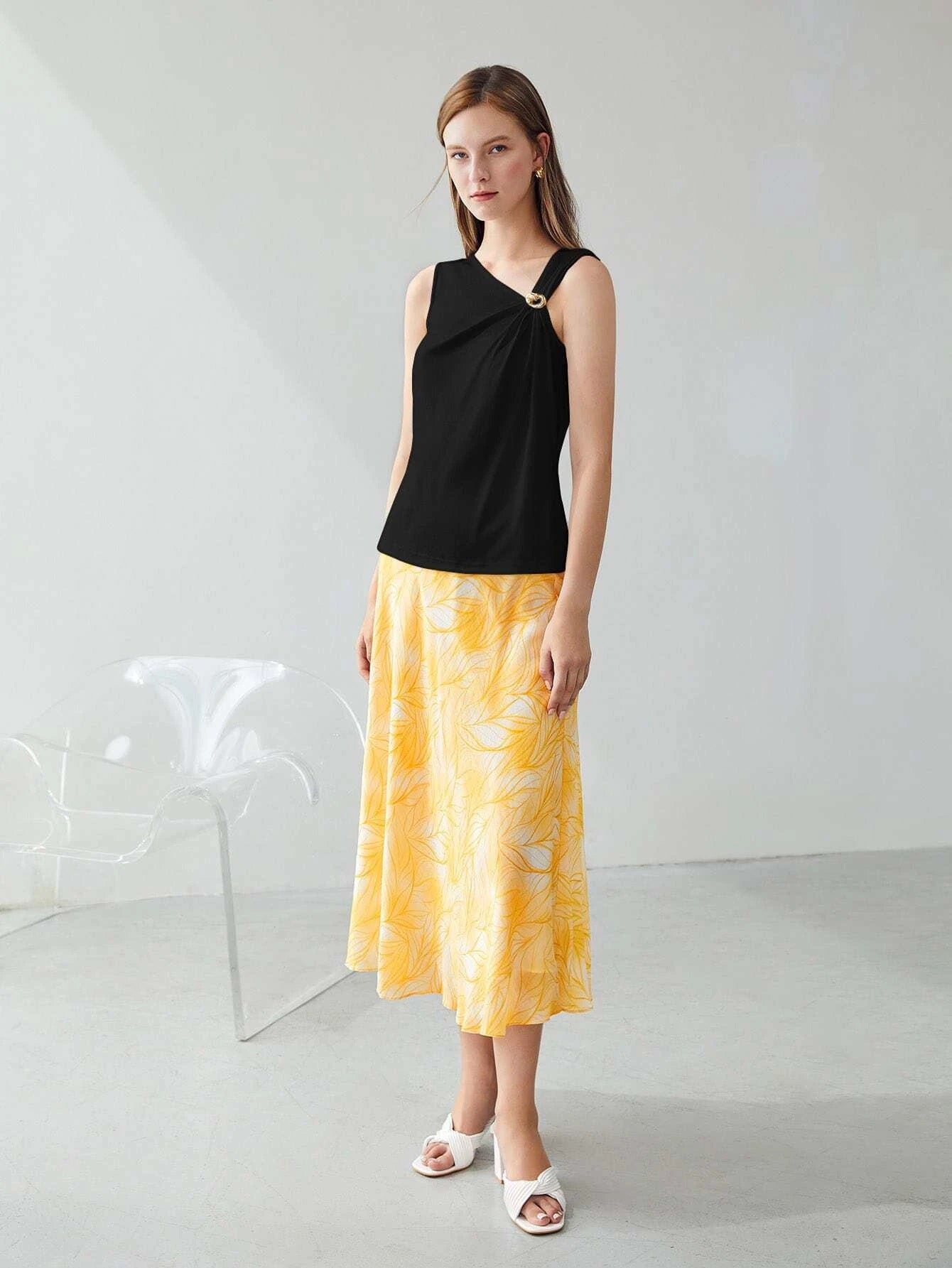 CM-TS528822 Women Elegant Seoul Style Sleeveless Asymmetrical Neck Top - Black
