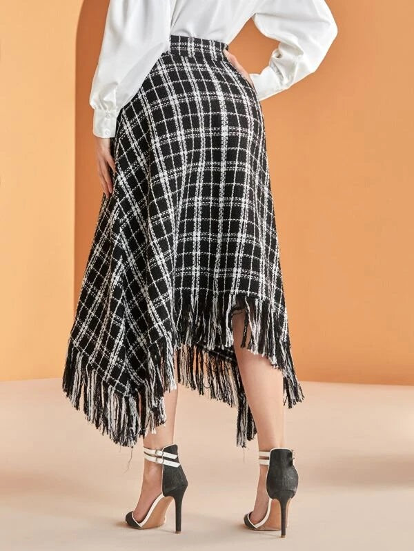 CM-BS885065 Women Elegant Seoul Style Plaid Fringe Trim Asymmetrical Hem Tweed Skirt