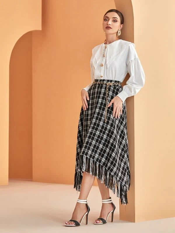 CM-BS885065 Women Elegant Seoul Style Plaid Fringe Trim Asymmetrical Hem Tweed Skirt