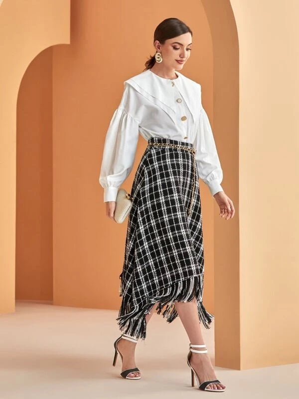 CM-BS885065 Women Elegant Seoul Style Plaid Fringe Trim Asymmetrical Hem Tweed Skirt