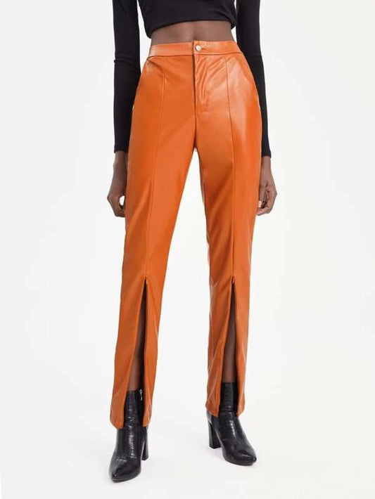 CM-BS445955 Women Elegant Seoul Style Slant Pocket Split Hem PU Leather Pants - Orange