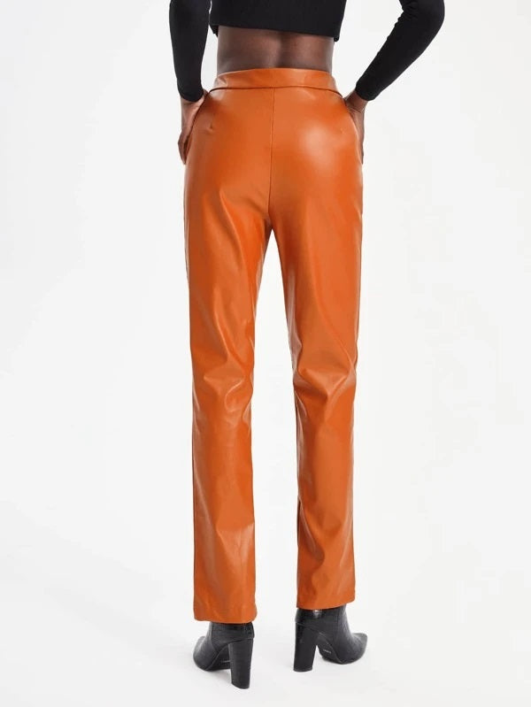 CM-BS445955 Women Elegant Seoul Style Slant Pocket Split Hem PU Leather Pants - Orange