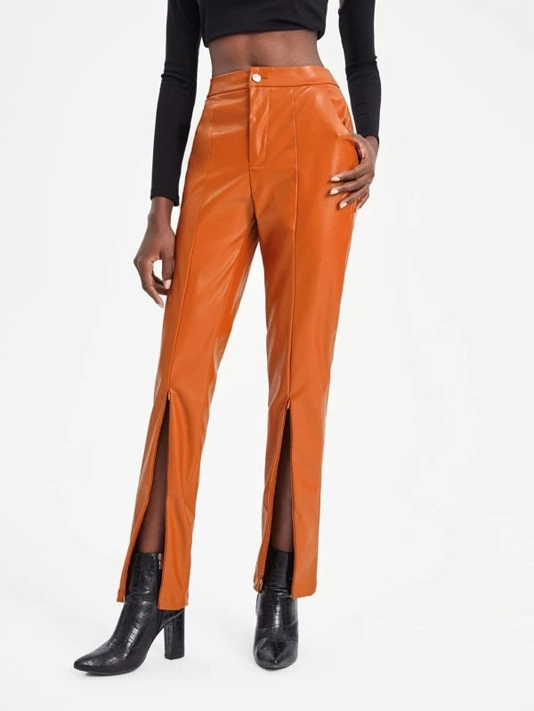 CM-BS445955 Women Elegant Seoul Style Slant Pocket Split Hem PU Leather Pants - Orange