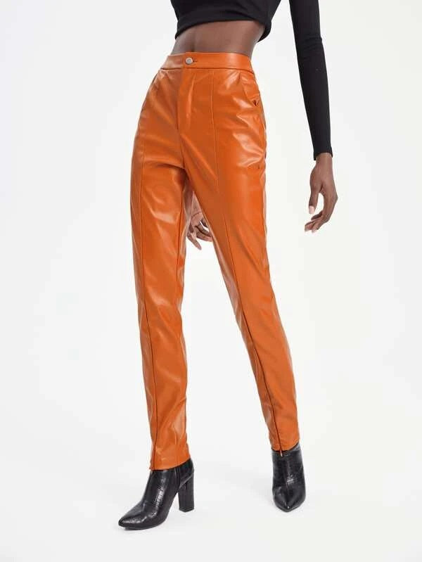 CM-BS445955 Women Elegant Seoul Style Slant Pocket Split Hem PU Leather Pants - Orange