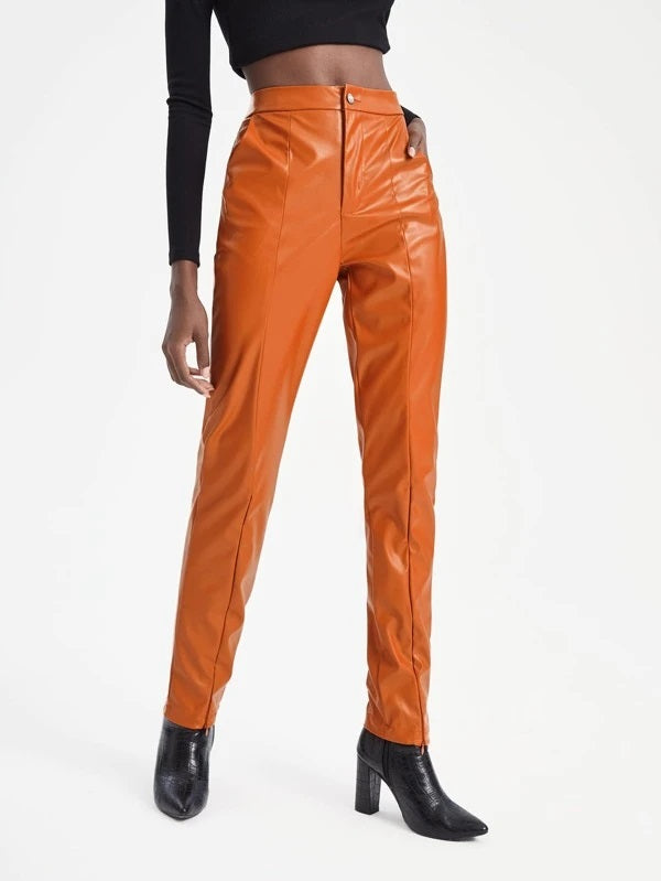 CM-BS445955 Women Elegant Seoul Style Slant Pocket Split Hem PU Leather Pants - Orange