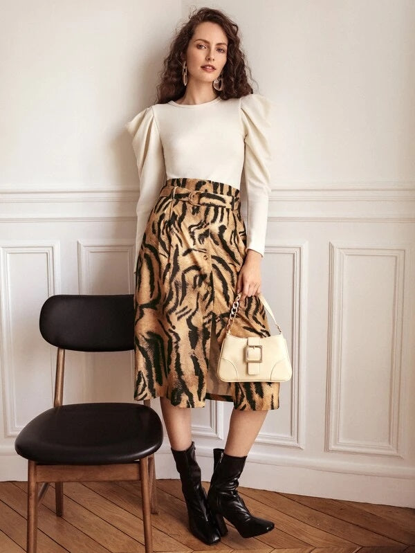 CM-BS391343 Women Elegant Seoul Style Belted Button Front Tigerskin Print Skirt