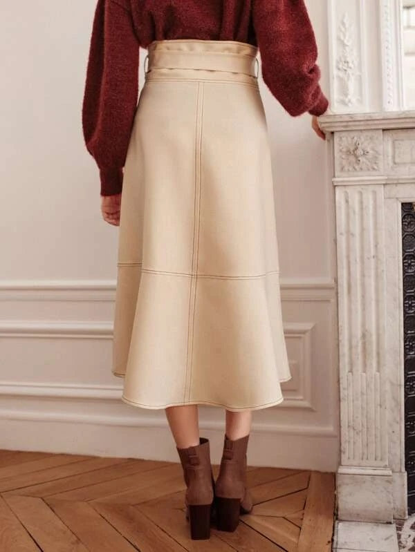 CM-BS284605 Women Elegant Seoul Style Split Hem Belted Skirt - Beige