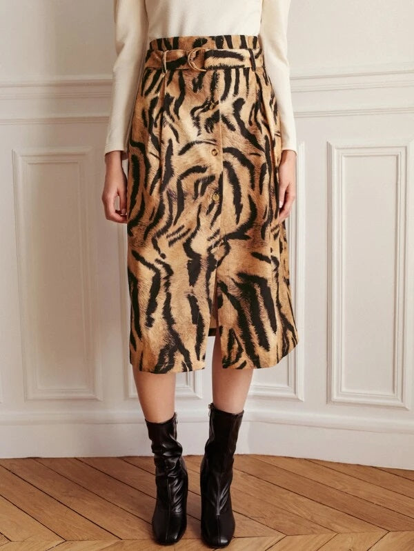 CM-BS391343 Women Elegant Seoul Style Belted Button Front Tigerskin Print Skirt