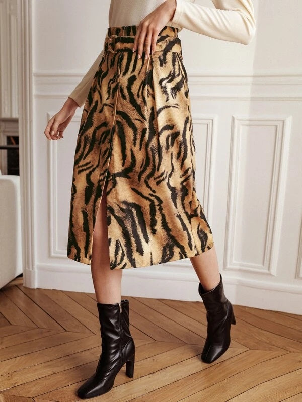 CM-BS391343 Women Elegant Seoul Style Belted Button Front Tigerskin Print Skirt