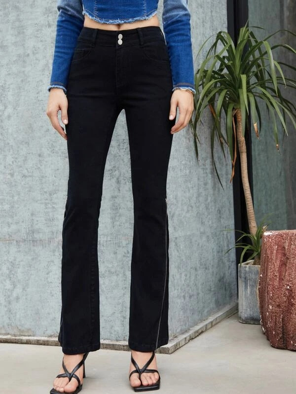 CM-BS913243 Women Casual Seoul Style High Waist Zip Side Flare Leg Jeans - Black