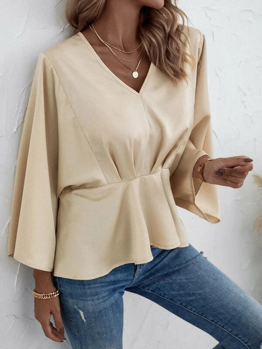CM-TS130131 Women Elegant Seoul Style Solid V-Neck Peplum Blouse - Apricot