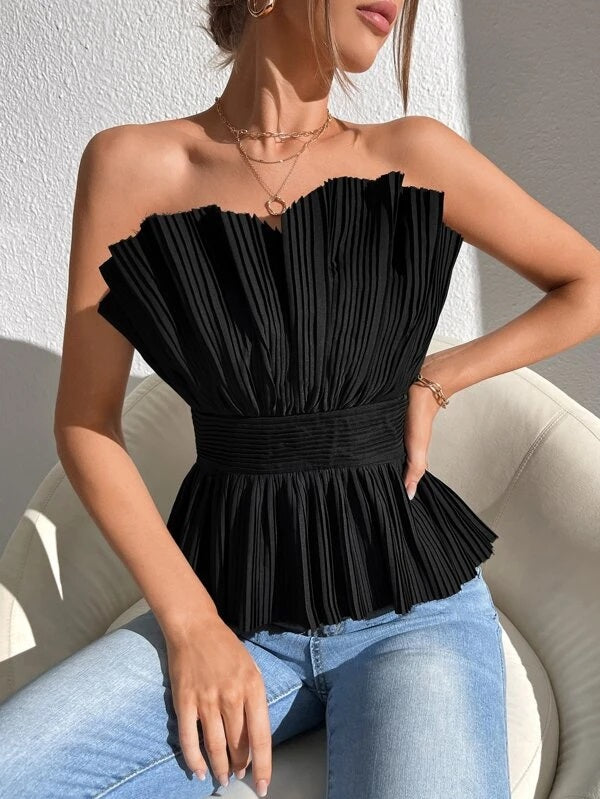 CM-TS440201 Women Elegant Seoul Style Solid Pleated Tube Top - Black