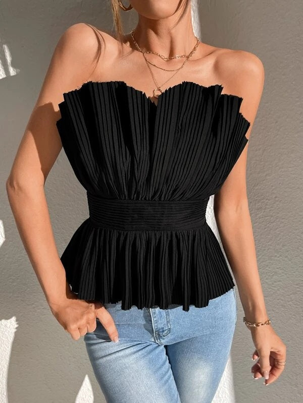 CM-TS440201 Women Elegant Seoul Style Solid Pleated Tube Top - Black