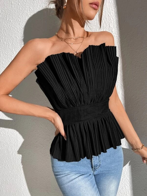 CM-TS440201 Women Elegant Seoul Style Solid Pleated Tube Top - Black