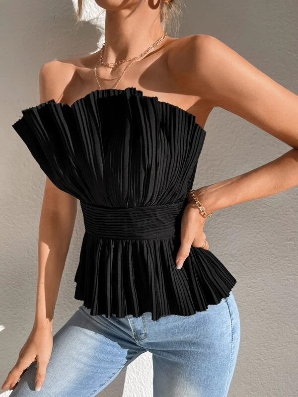 CM-TS440201 Women Elegant Seoul Style Solid Pleated Tube Top - Black