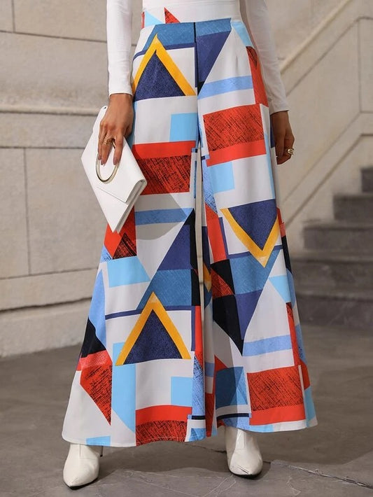 CM-BS008140 Women Trendy Bohemian Style Geometric Print Wide Leg Pants