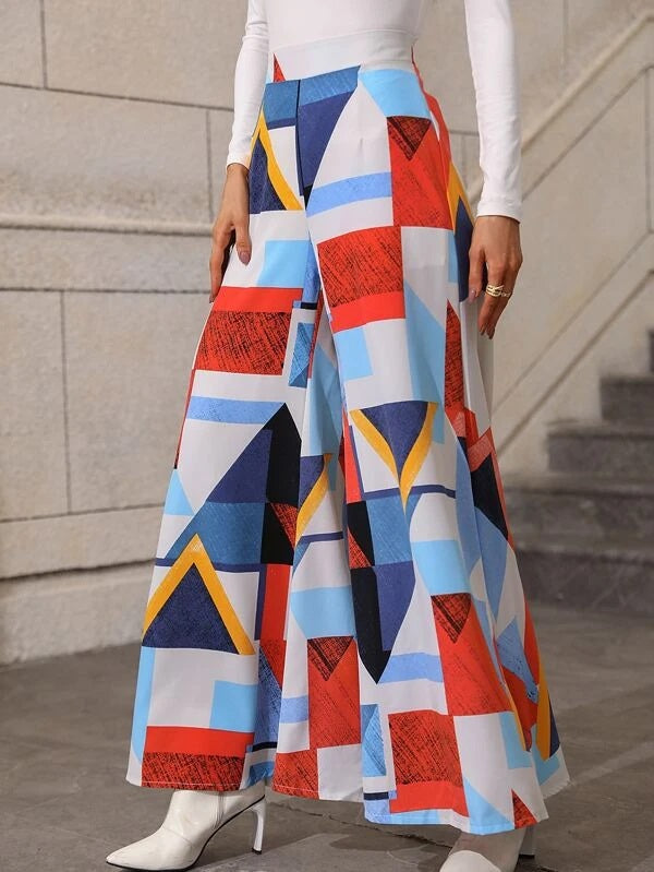CM-BS008140 Women Trendy Bohemian Style Geometric Print Wide Leg Pants