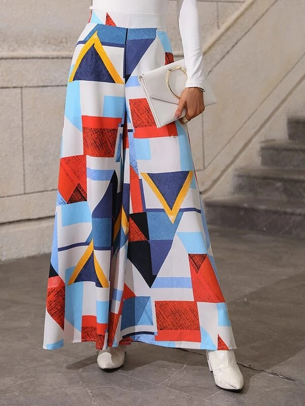 CM-BS008140 Women Trendy Bohemian Style Geometric Print Wide Leg Pants