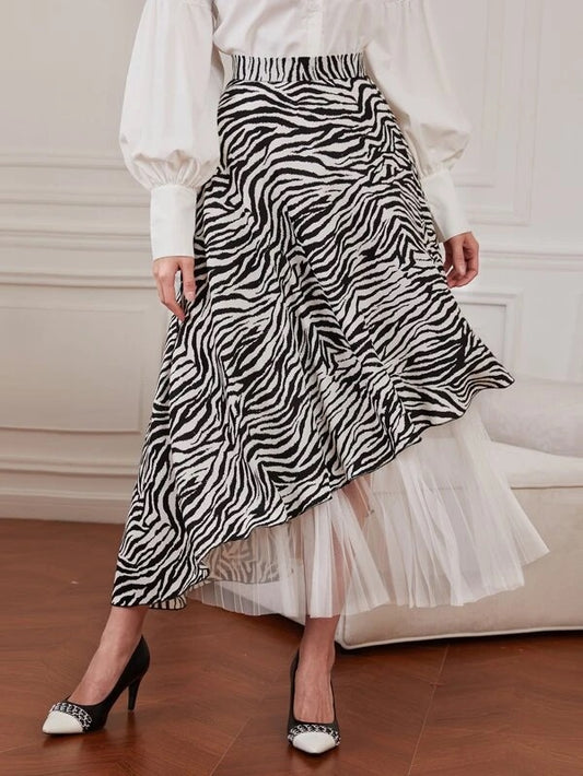 CM-BS389238 Women Elegant Seoul Style Zebra Striped Contrast Mesh Skirt