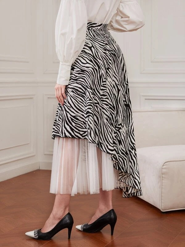 CM-BS389238 Women Elegant Seoul Style Zebra Striped Contrast Mesh Skirt