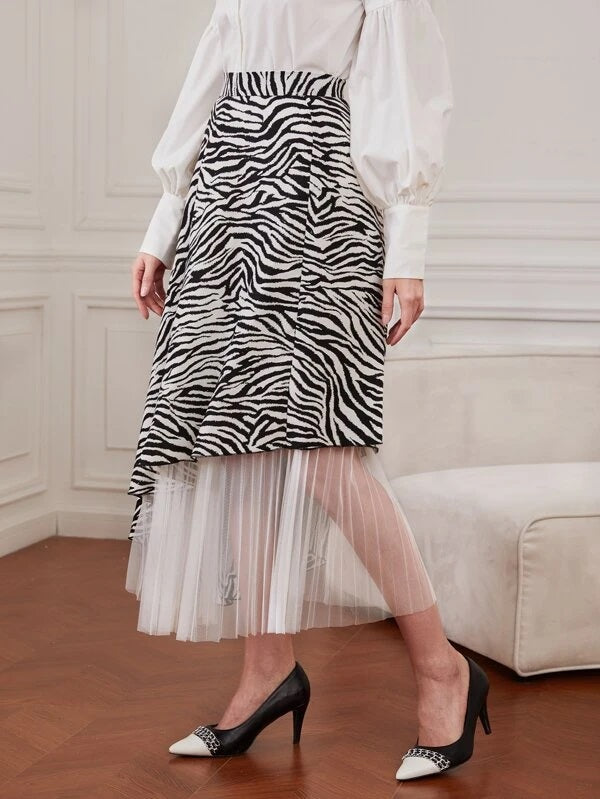 CM-BS389238 Women Elegant Seoul Style Zebra Striped Contrast Mesh Skirt