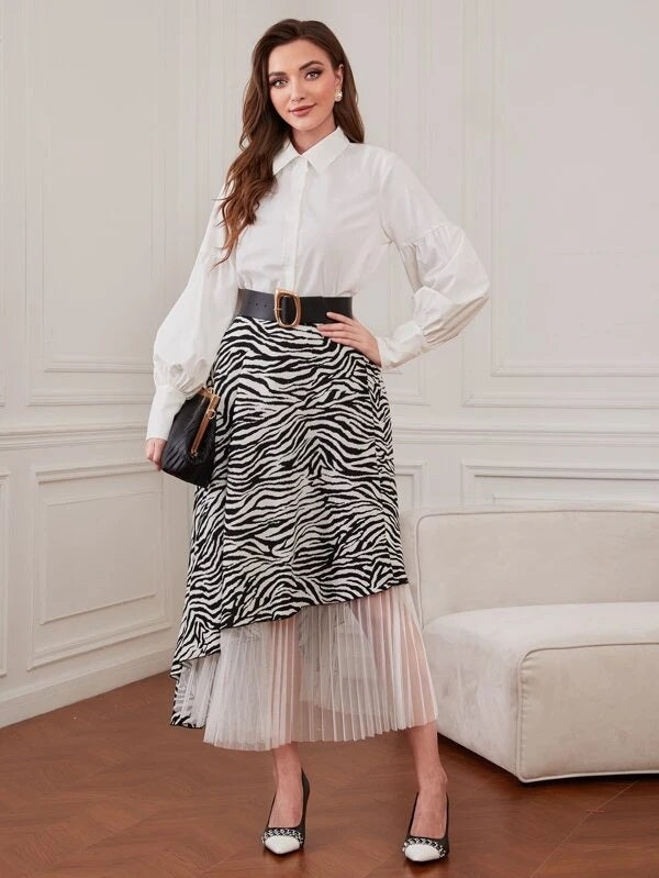 CM-BS389238 Women Elegant Seoul Style Zebra Striped Contrast Mesh Skirt