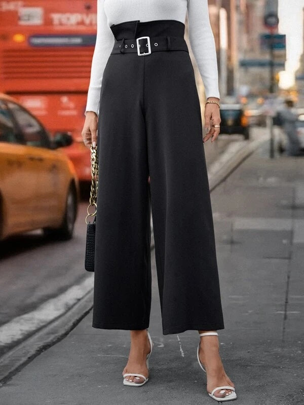 CM-BS126413 Women Elegant Seoul Style Paper Bag Waist Wide Leg Pants - Black