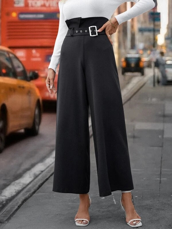 CM-BS126413 Women Elegant Seoul Style Paper Bag Waist Wide Leg Pants - Black