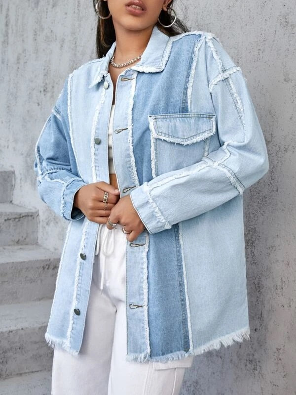 CM-CS553614 Women Casual Seoul Style Two Tone Raw Trim Drop Shoulder Denim Coat