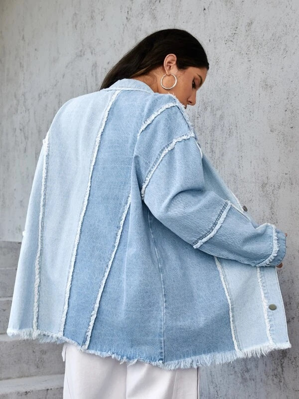 CM-CS553614 Women Casual Seoul Style Two Tone Raw Trim Drop Shoulder Denim Coat